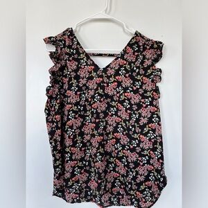 LOFT Floral Flutter Sleeve Blouse Pink & Black